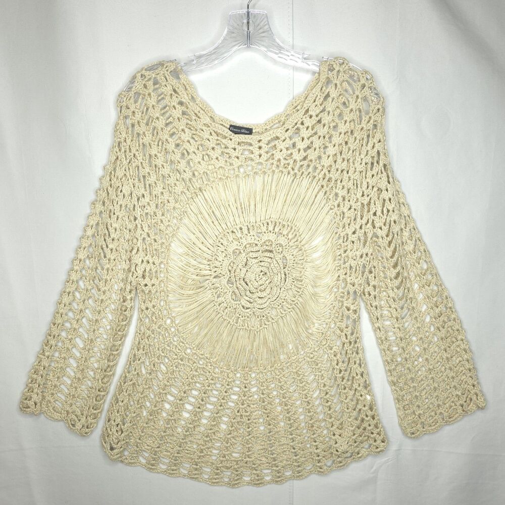 Venice Blue Women’s Sz S Crochet Knit Sweater Cream Boho Mandala Open Knit Top